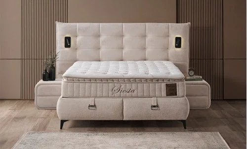 Set Pat Tapițat cu Saltea Siesta Plus și Somieră Rabatabilă, Bej, 140x200