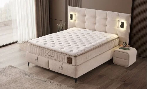 Set Pat Tapițat cu Saltea Siesta Plus și Somieră Rabatabilă, Bej, 140x200