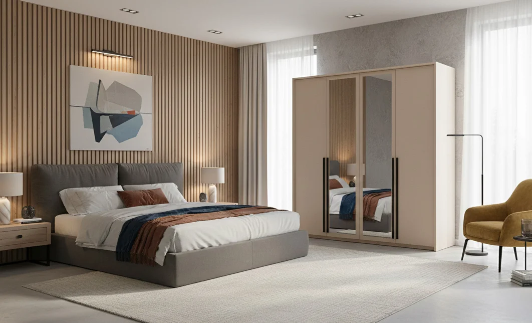 Dulap Naomi 4 Uși D4, Bej, cu Oglindă 5